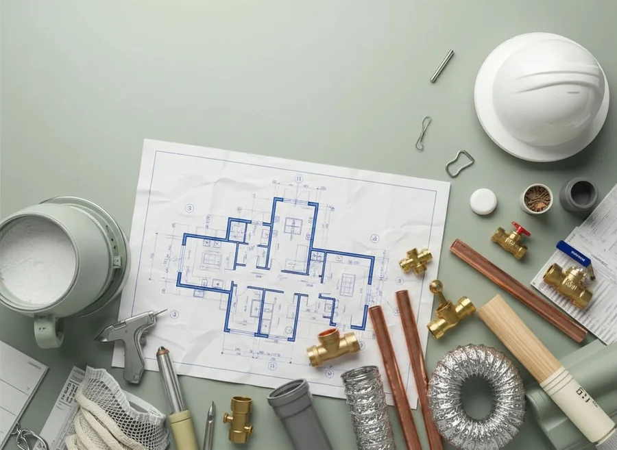 Bauplan mit Werkzeug und Installationsmaterial
