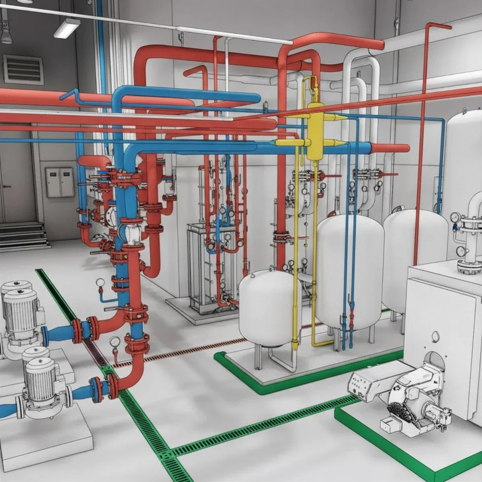 CAD-Modell eines Heizraums mit farbcodierten Leitungen