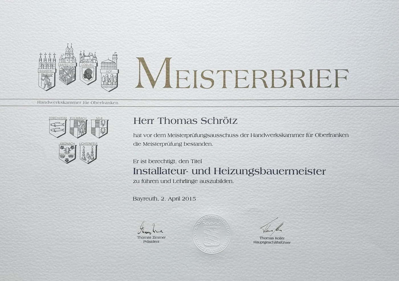Meisterbrief von Thomas Schrötz, Installateur- und Heizungsbauermeister