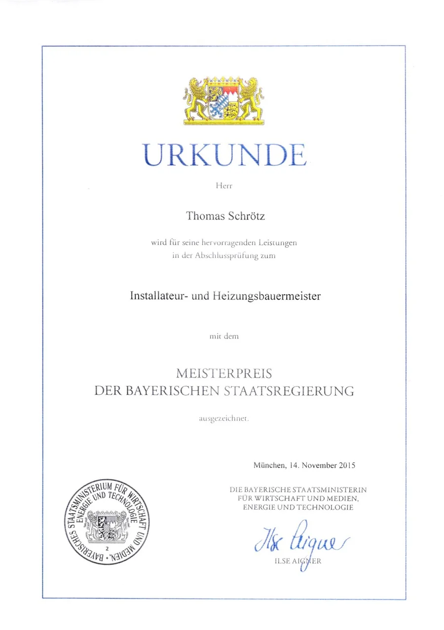 Urkunde Meisterpreis der Bayerischen Staatsregierung