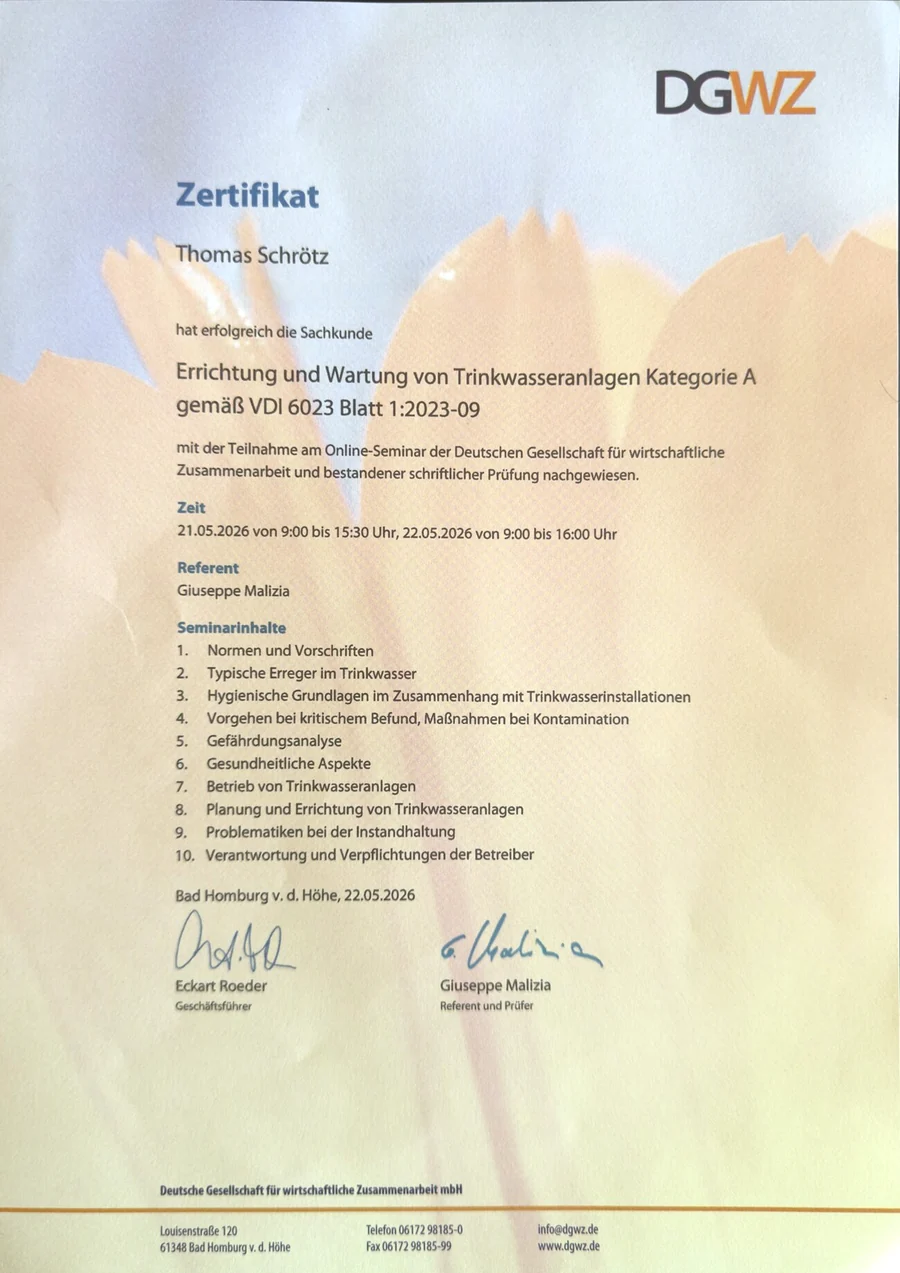 Zertifikat VDI 6023 Kategorie A, ausgestellt von der DGWZ